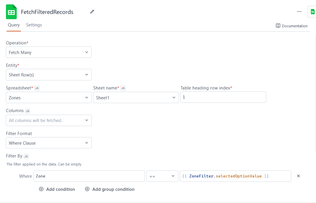 Configuring a query from the query screen.